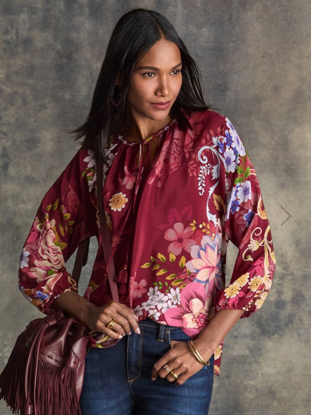 Johnny Was Margot Blouse Rolanda 100% Silk Floral Boho Tassel Tie Blouse Size 3X